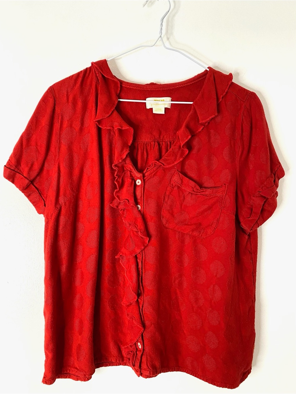 Maeve Anthropologie Red Ruffle V Neck Top Polka Dot Button Chest Pocket Blouse